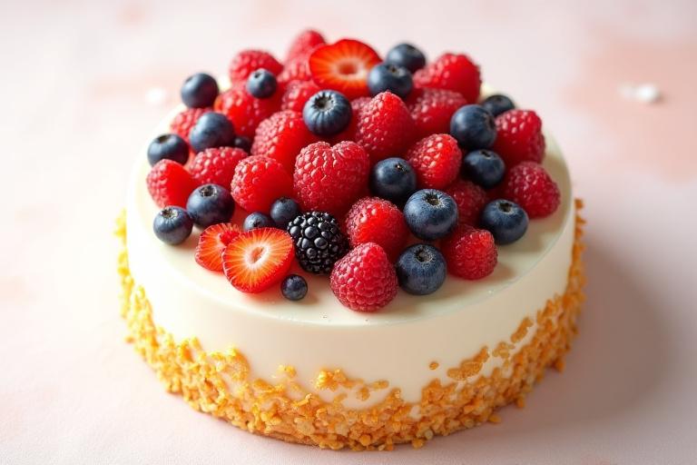 新鮮なベリーとフィヨンティーヌが飾られたエレガントな記念日ケーキ。