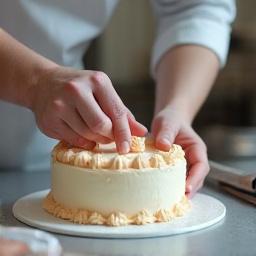 パティシエがケーキにクリームを塗っている様子 (A patissier frosting a cake)