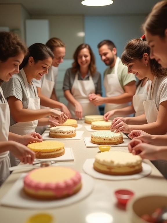 活気あるお菓子教室で笑顔でケーキ作りを学ぶ人々